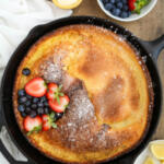 Recipe card image for Dutch baby pancake recipe.