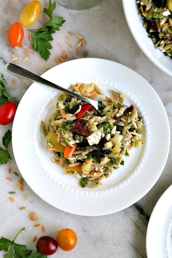 plate of pasta salad with fork, tomatoes and parsly on side
