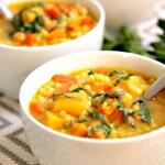 vegan vegetable soup in white bowl