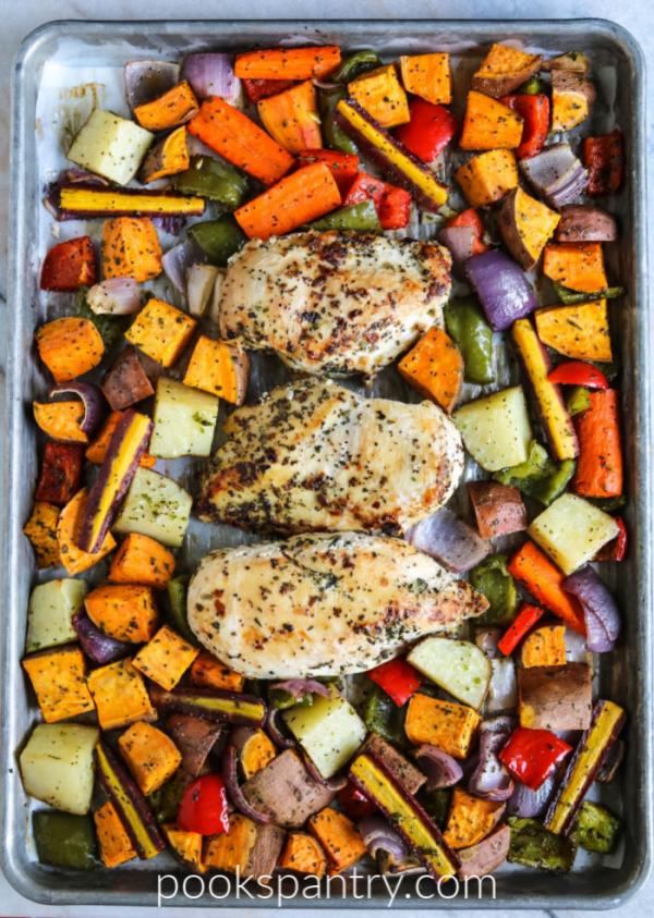 roasted chicken and vegetables sheet pan supper
