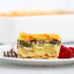 Slice of breakfast casserole on plate.