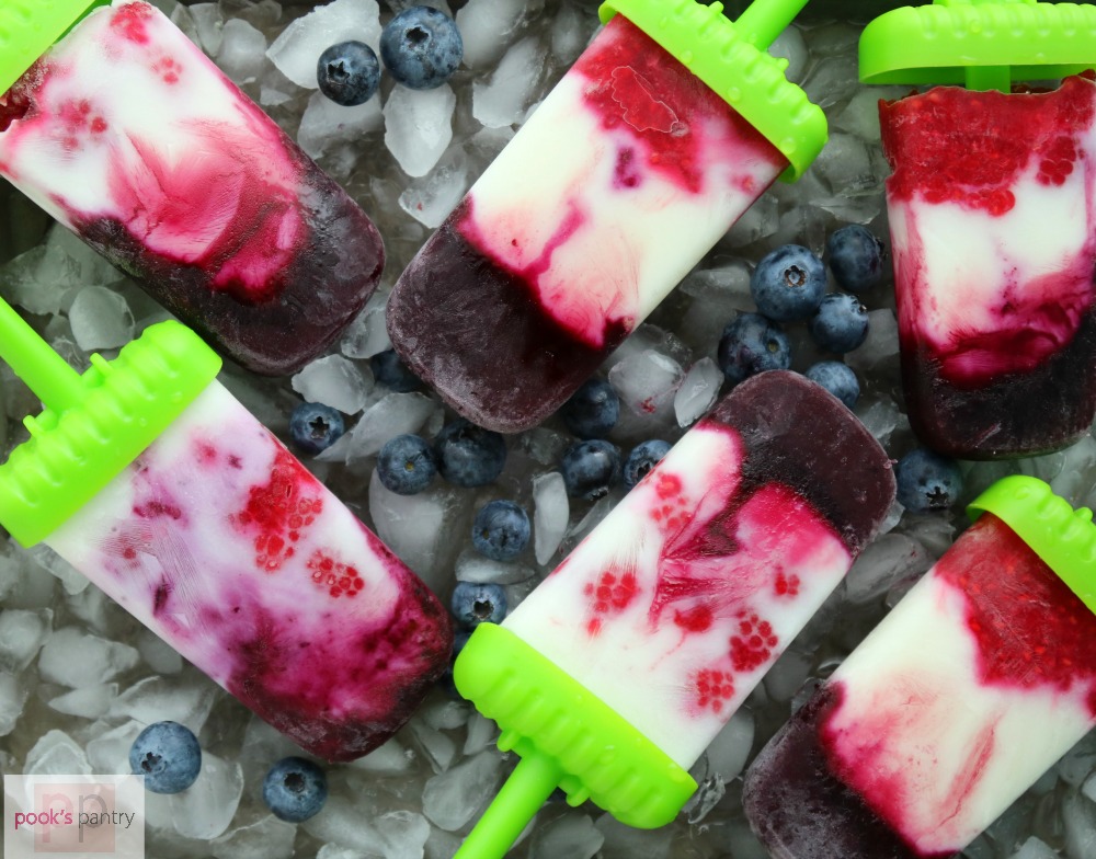 Fresh Fruit and Yogurt Popsicles on ice with blueberries