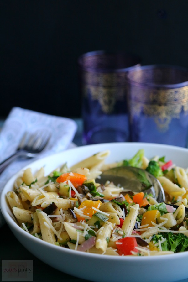 Roasted Vegetable Pasta with Moroccan glasses in the background is a delicious vegetarian dinner.