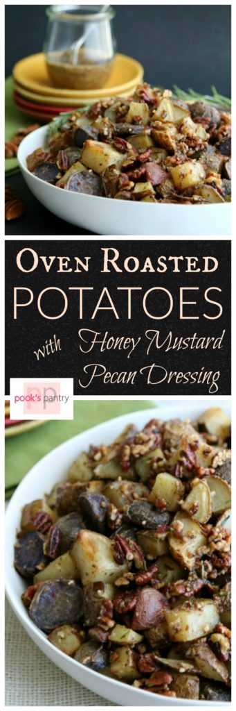 Idaho® Potatoes roasted until crispy then tossed with toasted, herbed pecans and a honey mustard pecan dressing. These potatoes are packed with flavor and just a little spice.  This is a delicious side dish that would go beautifully with your holiday dinner.  