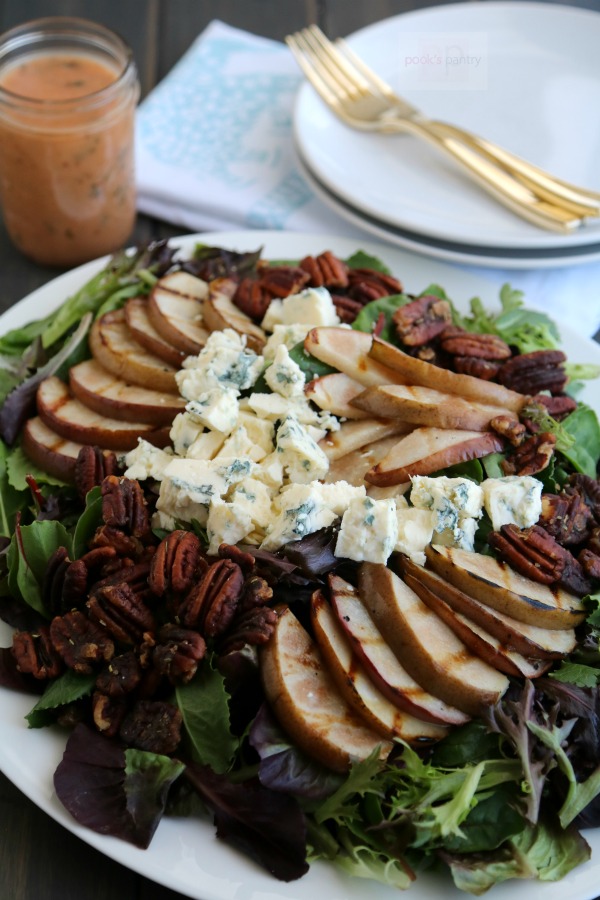 Grilled Pear Gorgonzola and Candied Pecan Salad