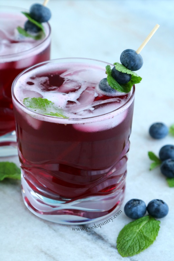 blueberry spritzer in glass with mint and blueberry garnish
