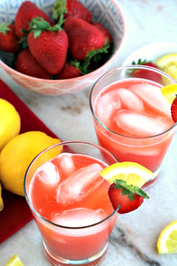 overhead view of strawberry lemonade in glasses