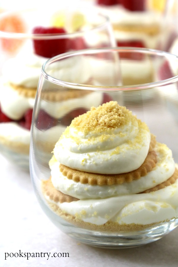 lemon cheesecake parfaits in clear stemless glass