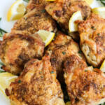 Recipe card image of chicken thighs.