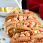 drizzling butter on warm langostino lobster rolls