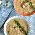 overhead shot of bowls with chowder and dill