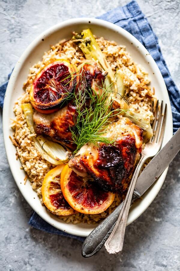 platter of chicken and blood oranges with fennel