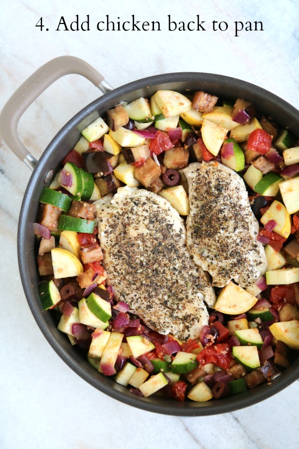mediterranean chicken and vegetables in pan with text overlay