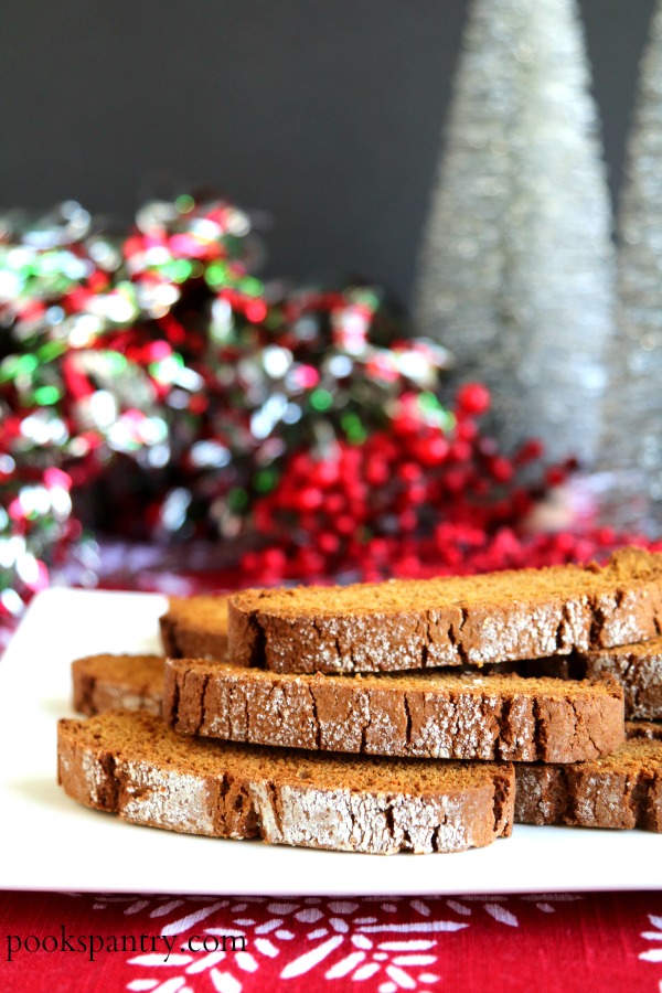 slices of gingerbread biscotti on white plate