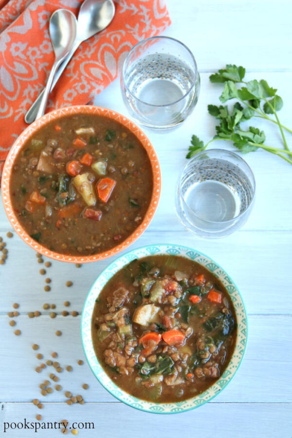 overhead photo of lentil soup in bowls