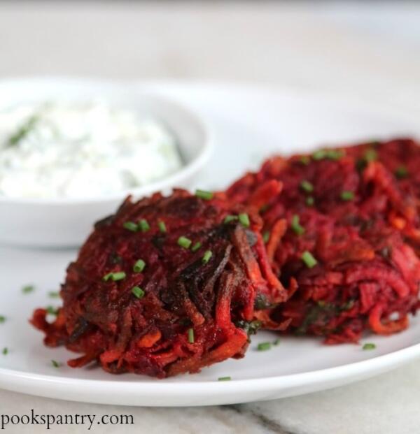 sweet potato beet fritter recipe with chives