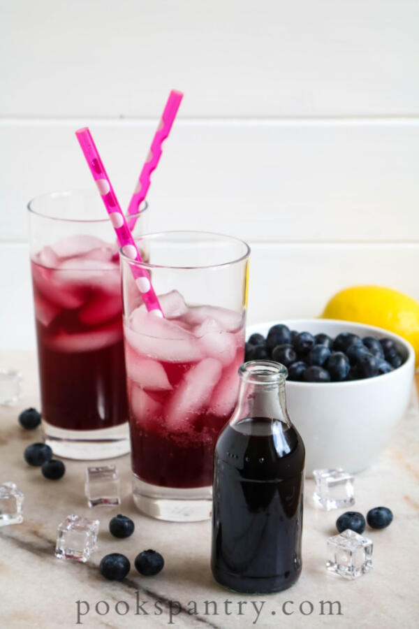 blueberry simple syrup for drinks in small bottle
