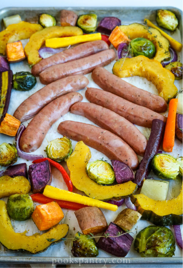 chicken sausage with vegetables on sheet pan
