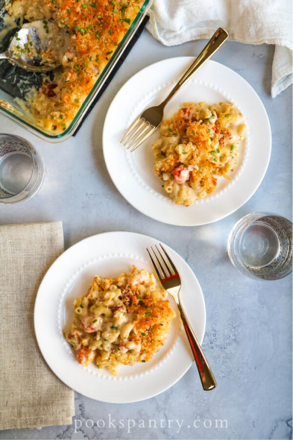 langostino lobster mac and cheese on white plates