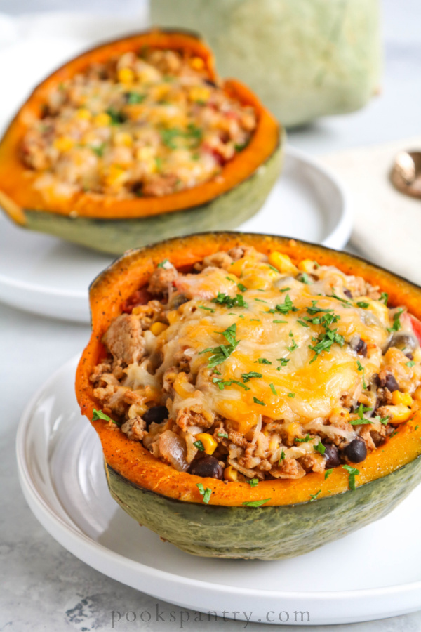 taco-stuffed Hubbard squash with cheese on white plate