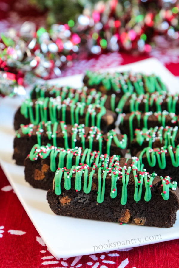 chocolate mint biscotti drizzled with green chocolate