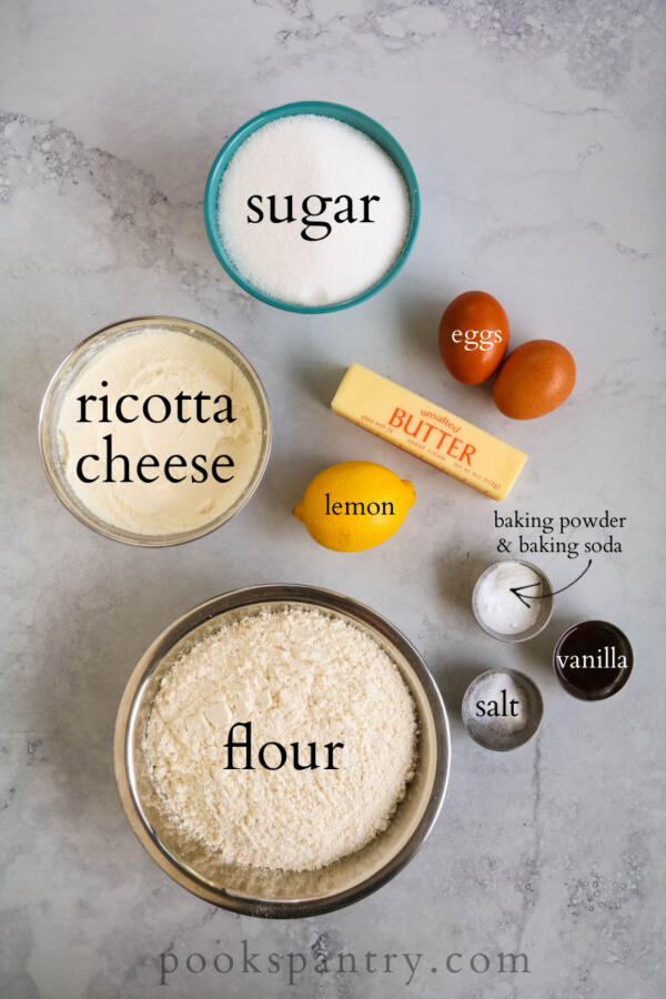 Ingredients for cookies with ricotta cheese and lemon.