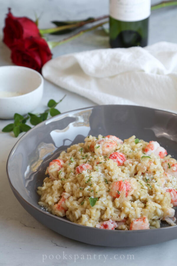 risotto with langostino lobster in shallow, gray bowl
