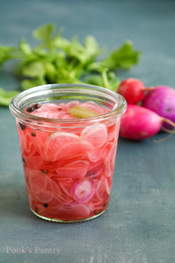 Glass jar filled with slices of radish and spices on gray countertop.