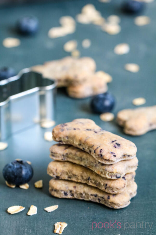 Stacked blueberry dog treats with fresh blueberries and oats scattered in the background.
