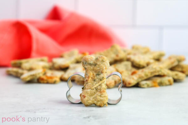 DIY dog treat with cheese and apples sitting on its end, with cookie cutter behind it.