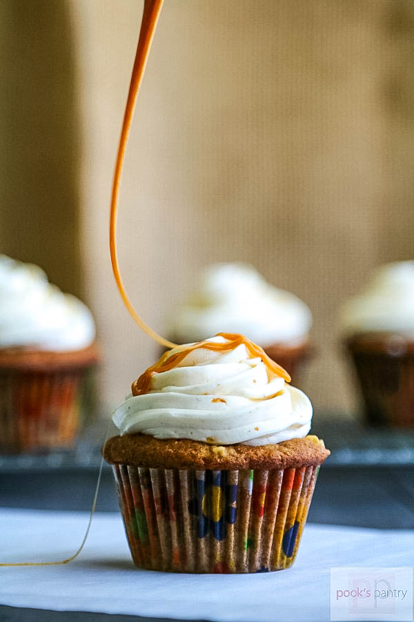 Cupcake with caramel drizzle.
