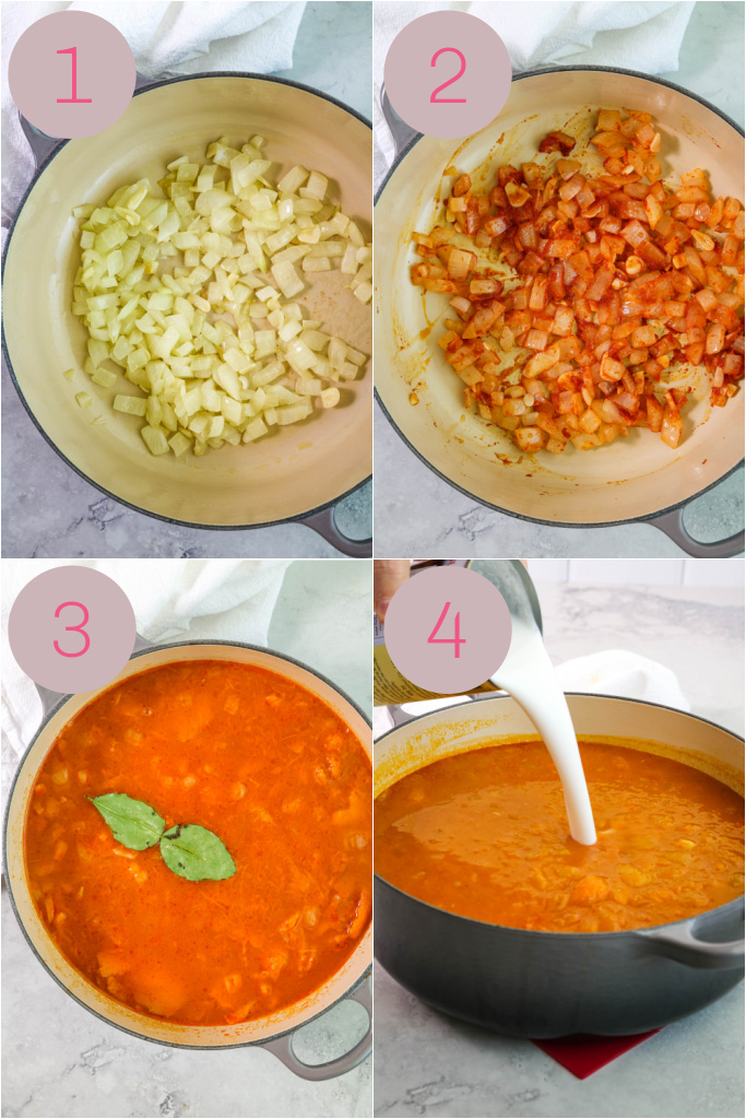 Step by step photos to make curried squash soup with coconut milk.
