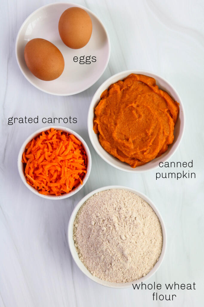 Ingredients for carrot pumpkin dog treats.