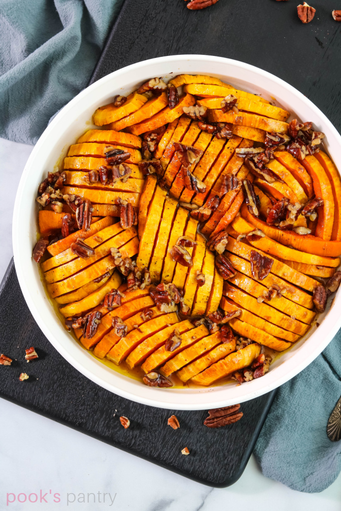 Honeynut squash with maple syrup and pecans.