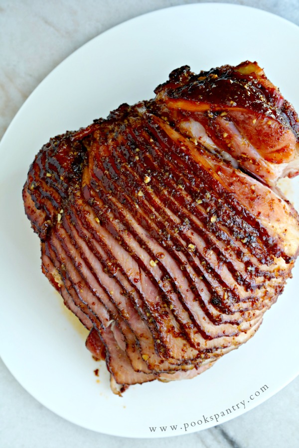 Overhead photo of the best glazed ham with honey and mustard.