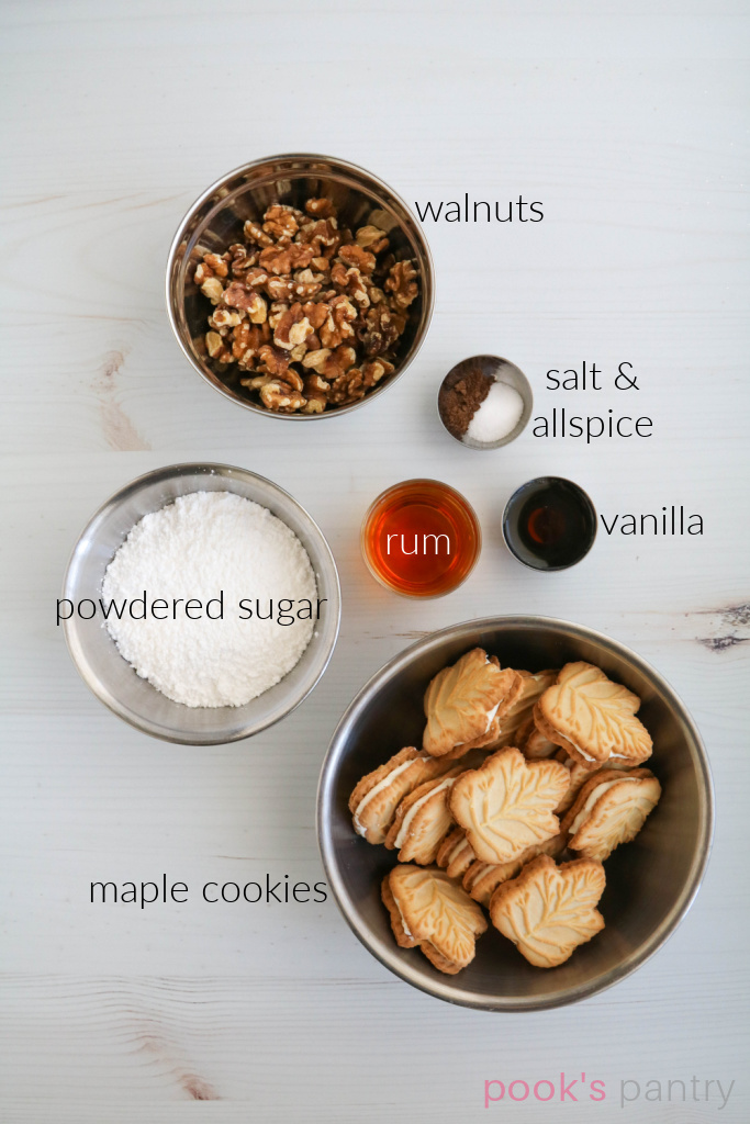 Ingredients for maple rum balls.