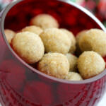 Maple rum balls in red glass bowl.