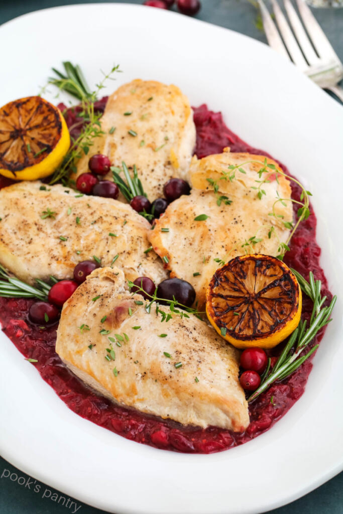 Chicken and cranberries with lemon and herbs.