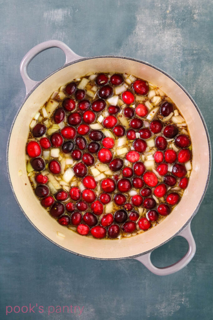 Cranberries in pot.