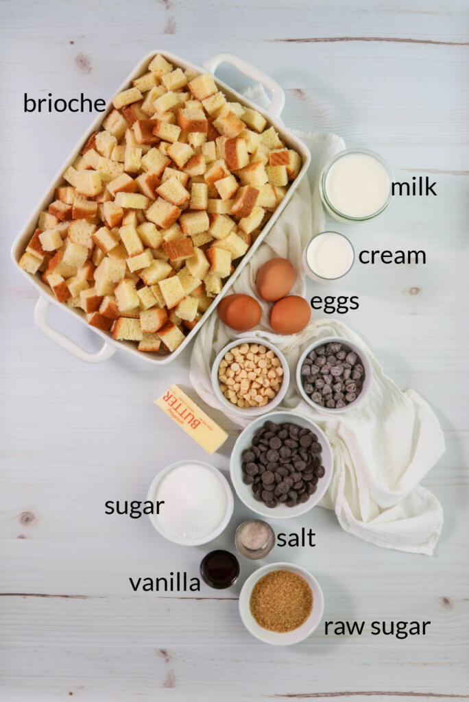 Ingredients for chocolate chip bread and butter pudding.