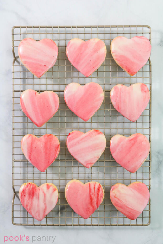 Valentine's Day cookies with marbled icing.