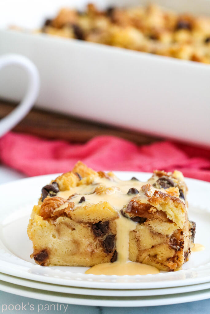Chocolate chip bread pudding with creme anglaise.