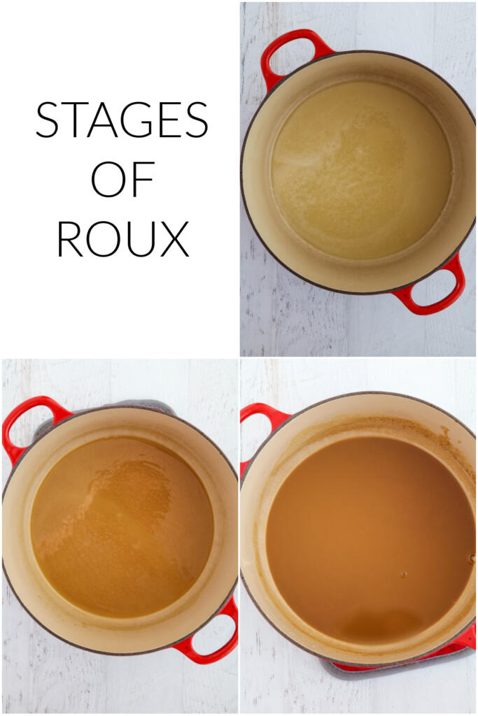 Stages of roux in red pot.