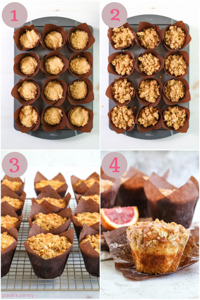 Step by step directions for making orange muffins.
