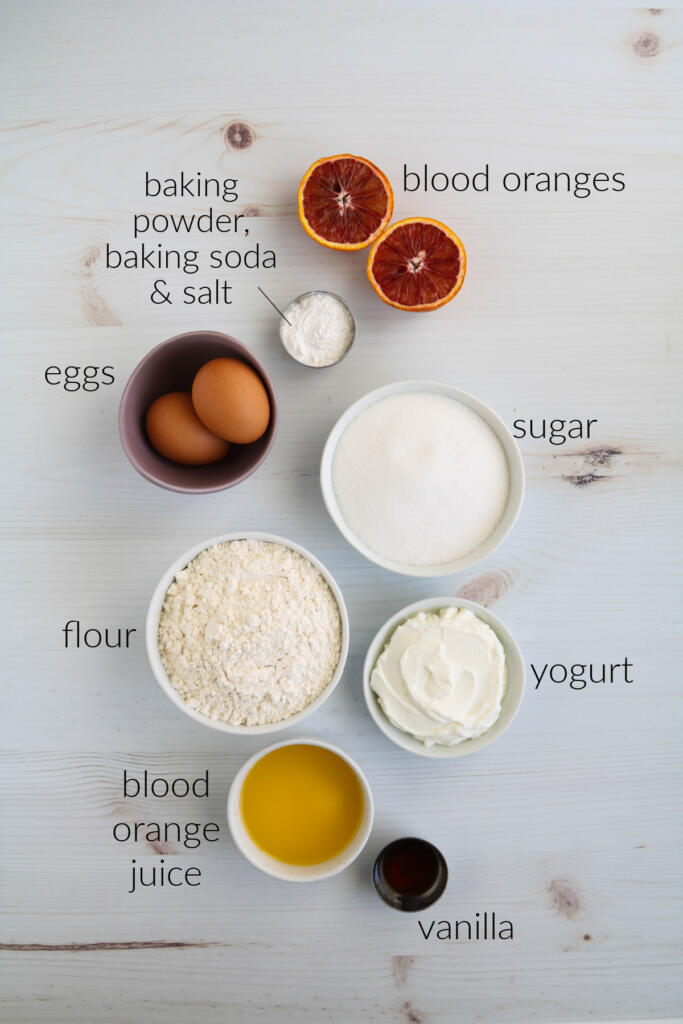 Ingredients for blood orange muffins.