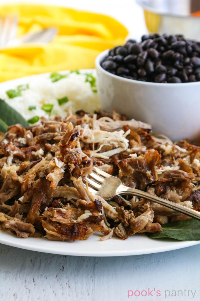 Cuban pulled pork on a fork with bay leaves.