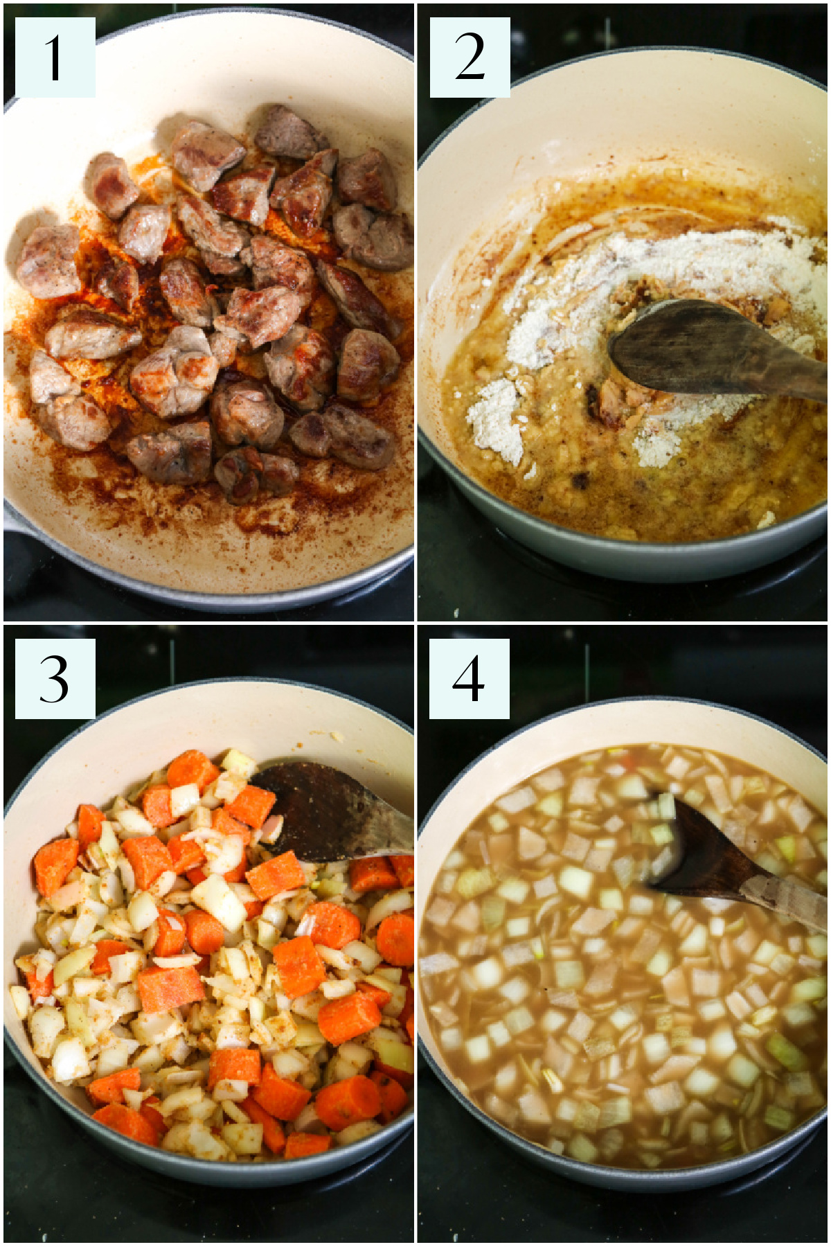 Step by step photos showing how to make lamb stew.