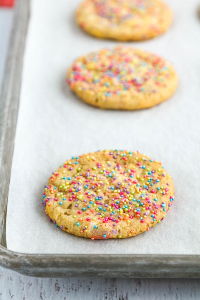 Easter sprinkle cookies on sheet pan.