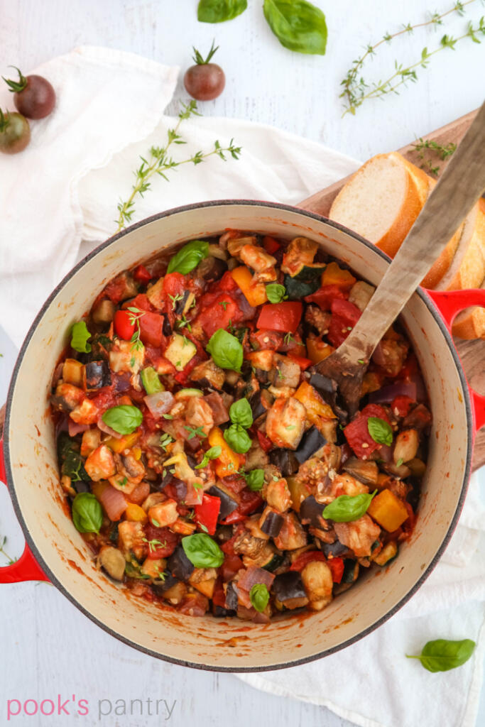 Traditional ratatouille in Dutch oven pot.