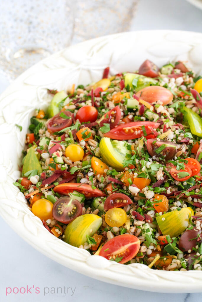 Summer grain salad in large, shallow bowl.